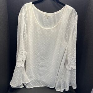 Truly 4 You Womens Top XLL Dots White Long Bell Sleeve Pullover Shirt BOHO Sheer